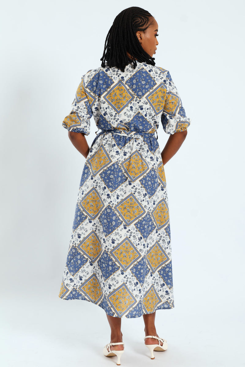 3/4 Sleeve Belted Mock Wrap Midi Dress