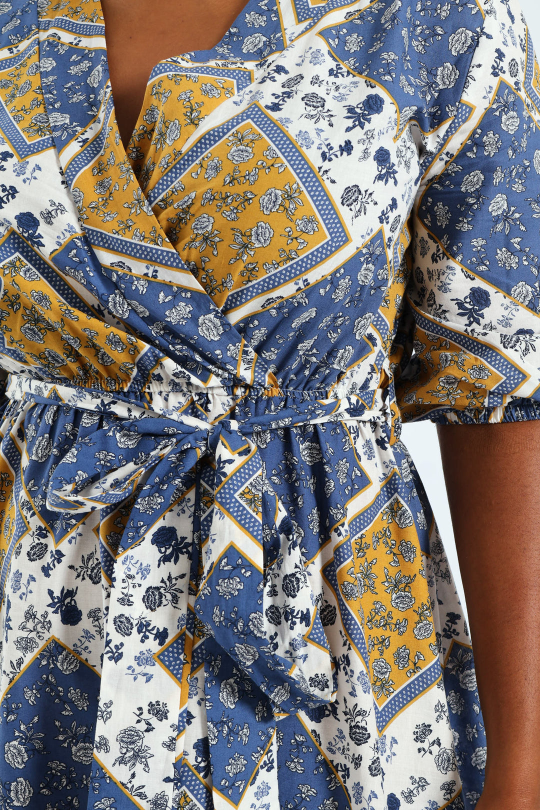 3/4 Sleeve Belted Mock Wrap Midi Dress