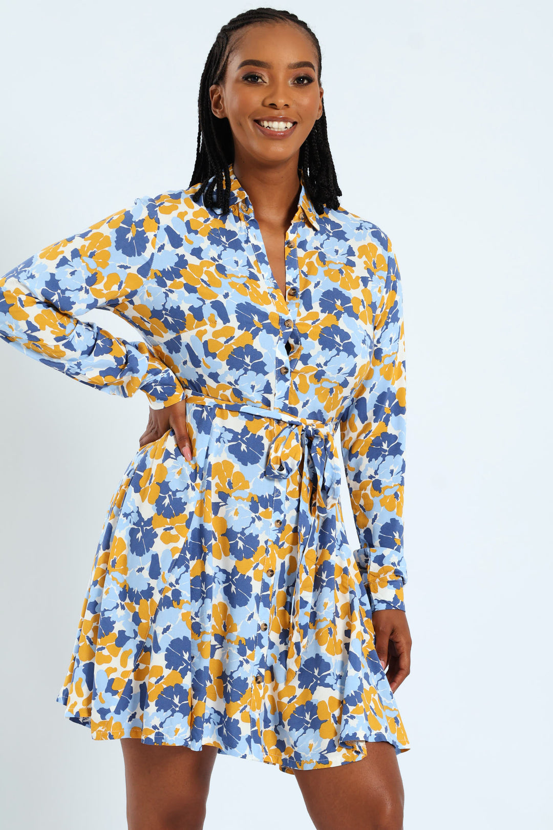 Long Sleeve Half Placket Sef Belted Godet Mini Dress