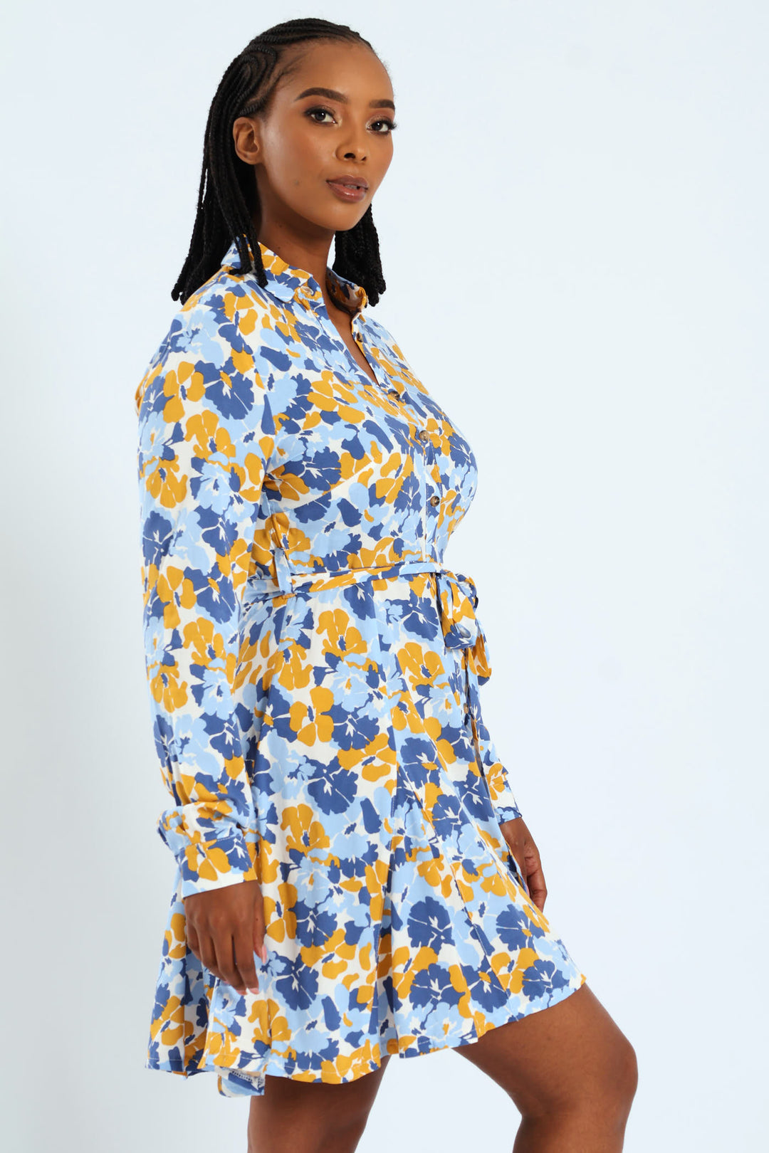 Long Sleeve Half Placket Sef Belted Godet Mini Dress