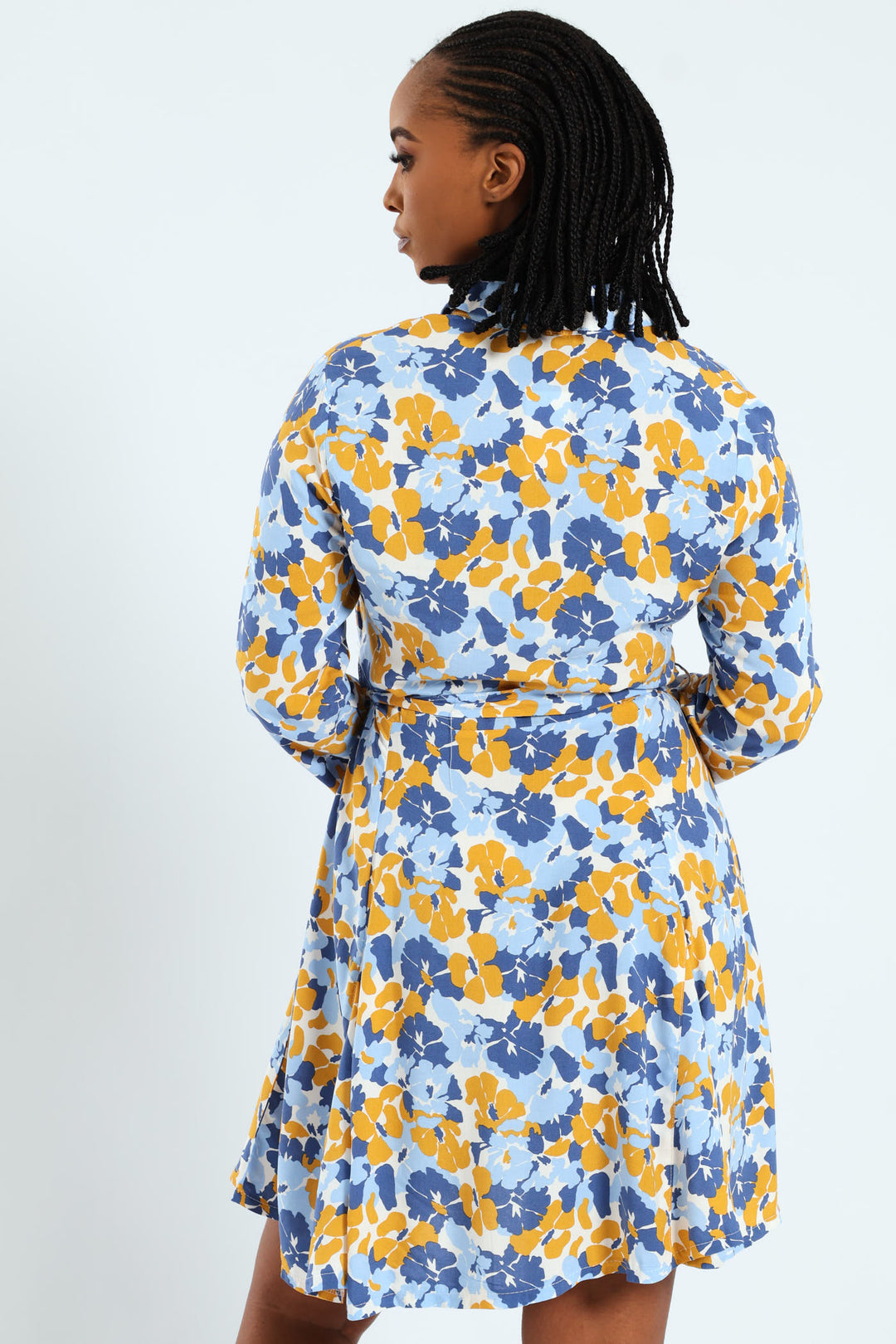 Long Sleeve Half Placket Sef Belted Godet Mini Dress