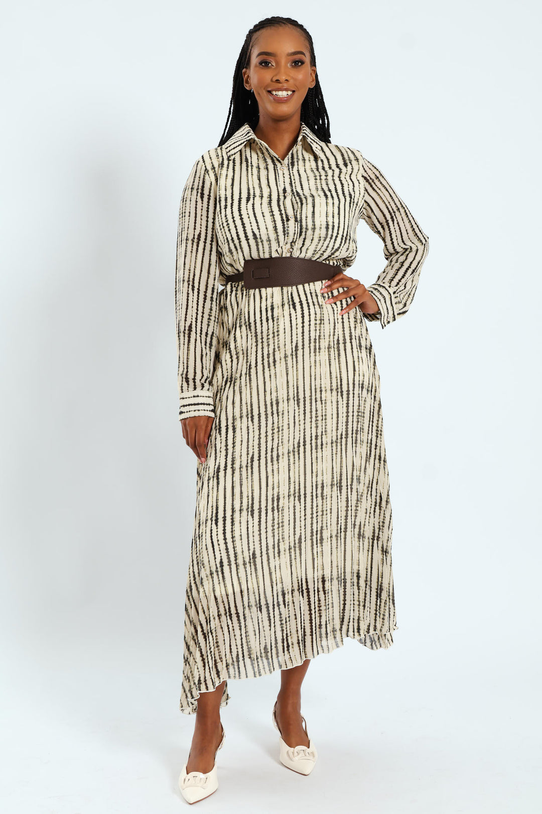 Wide Belted Pleated Shirt Maxi Dress