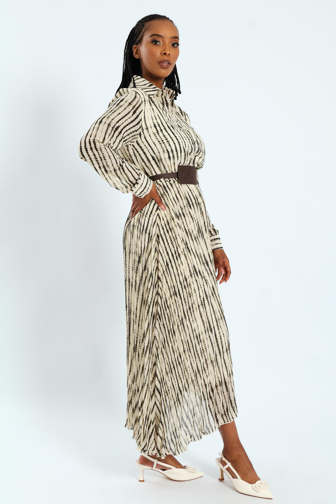 Wide Belted Pleated Shirt Maxi Dress