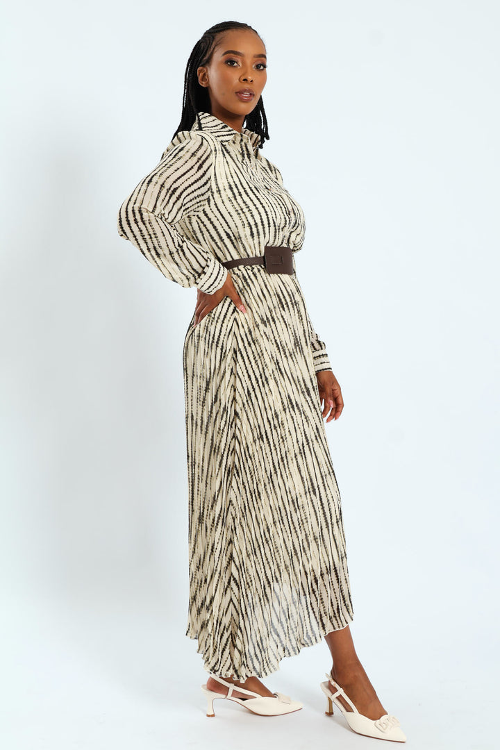 Wide Belted Pleated Shirt Maxi Dress