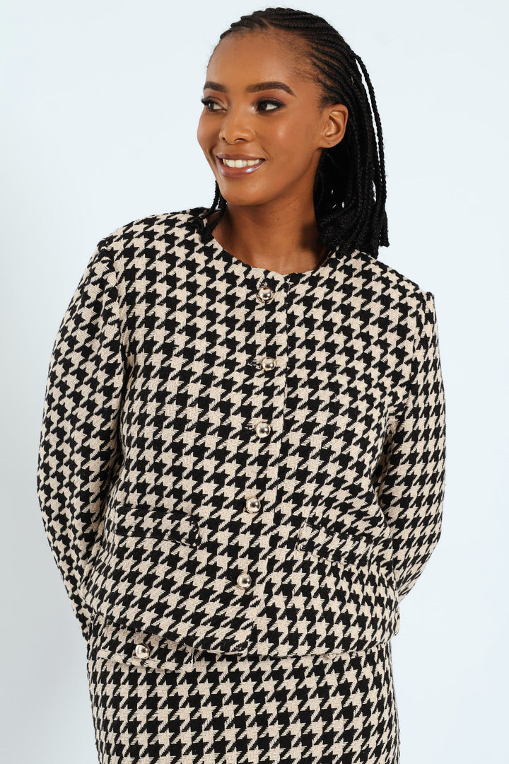 Collarless Houndstooth Blazer - Black/Beige