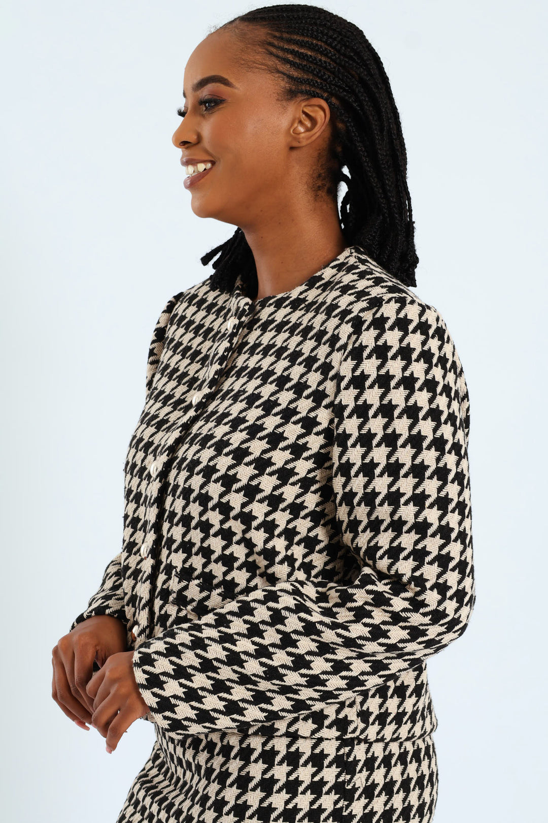 Collarless Houndstooth Blazer - Black/Beige