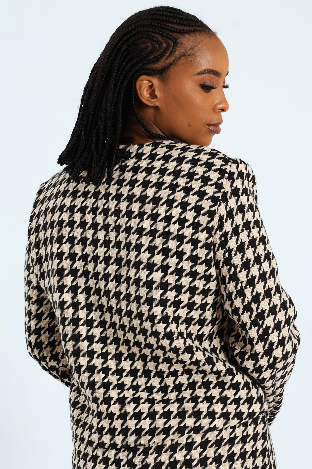 Collarless Houndstooth Blazer - Black/Beige