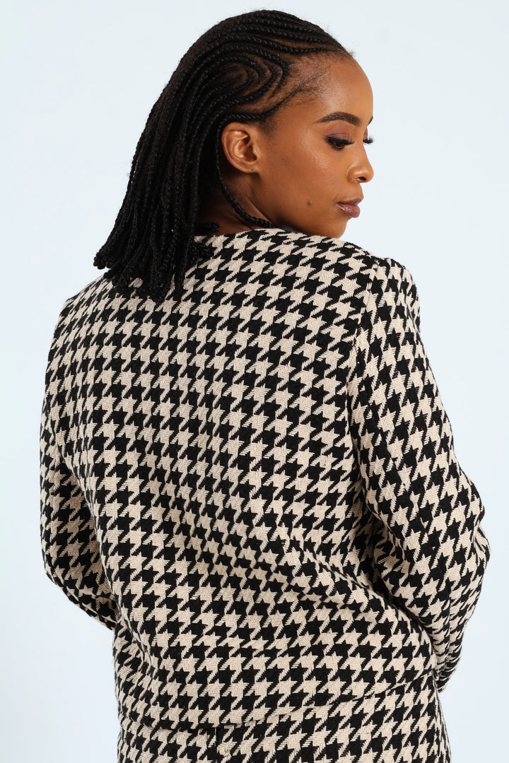 Collarless Houndstooth Blazer - Black/Beige