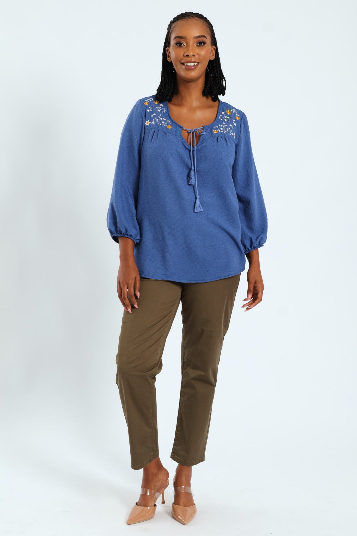 Ladies 3/4 Embroidered Jacquard Blouse - Mid Blue – Edgars