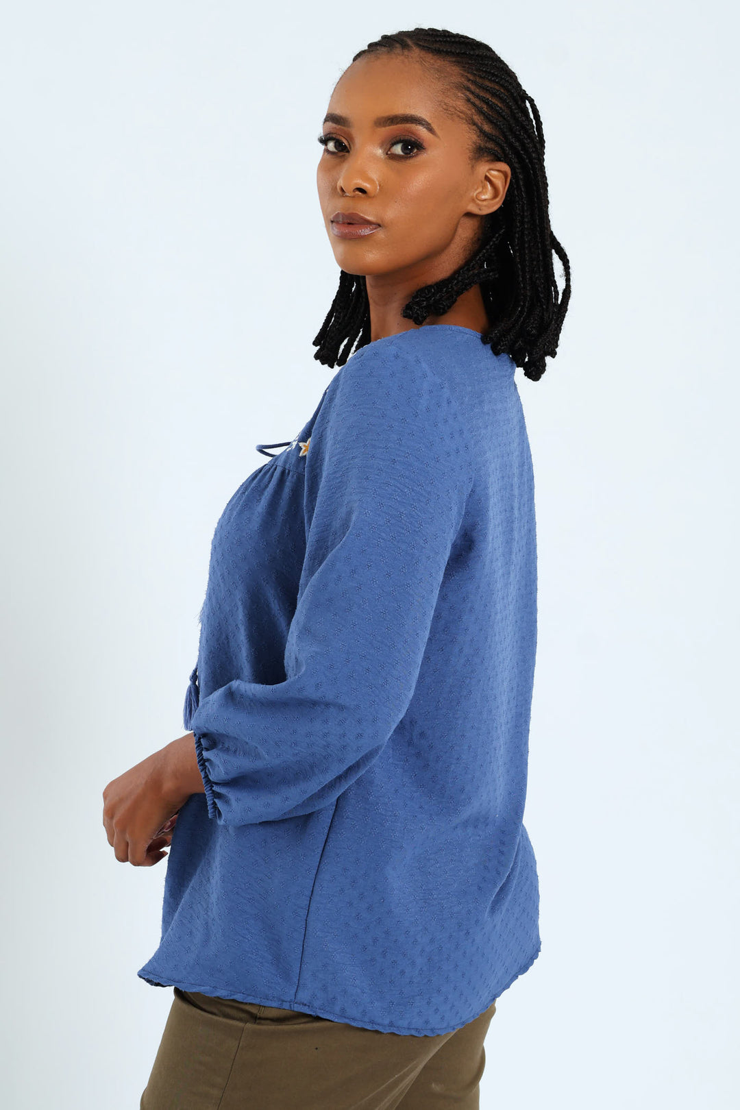 3/4 Embroidered Jacquard Blouse - Mid Blue