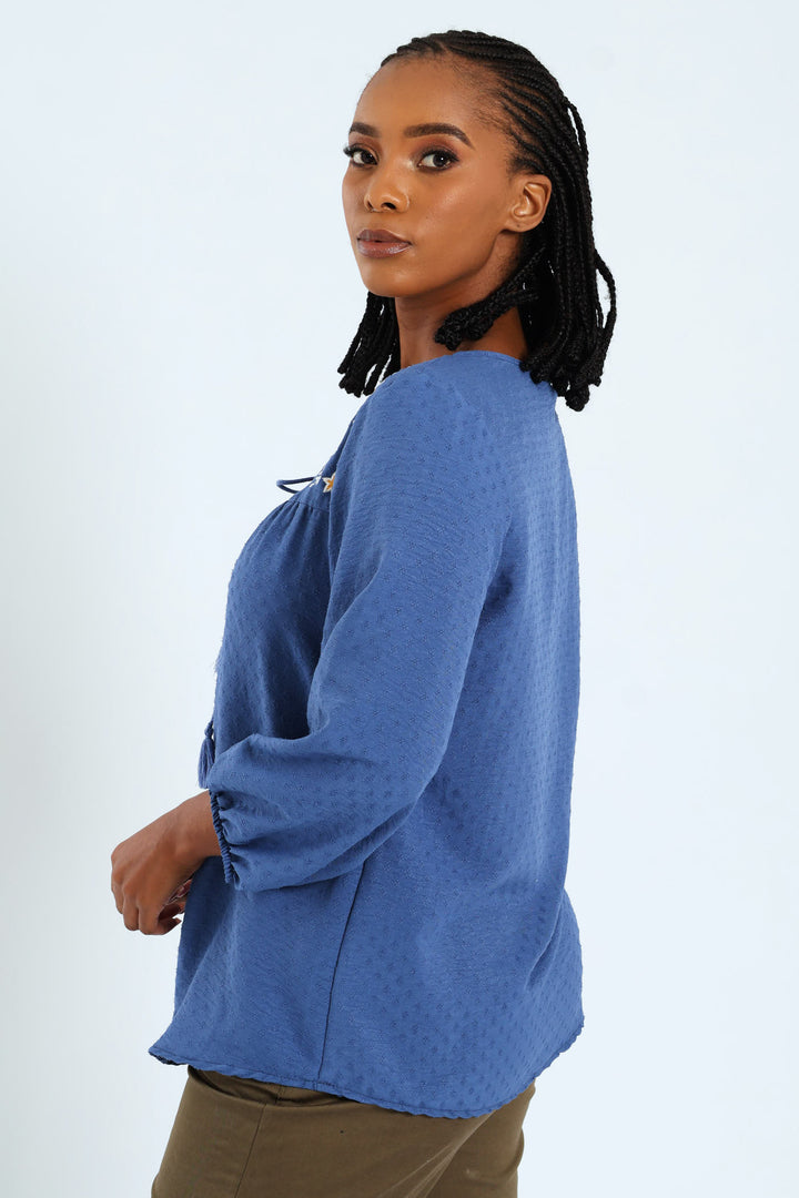 3/4 Embroidered Jacquard Blouse - Mid Blue