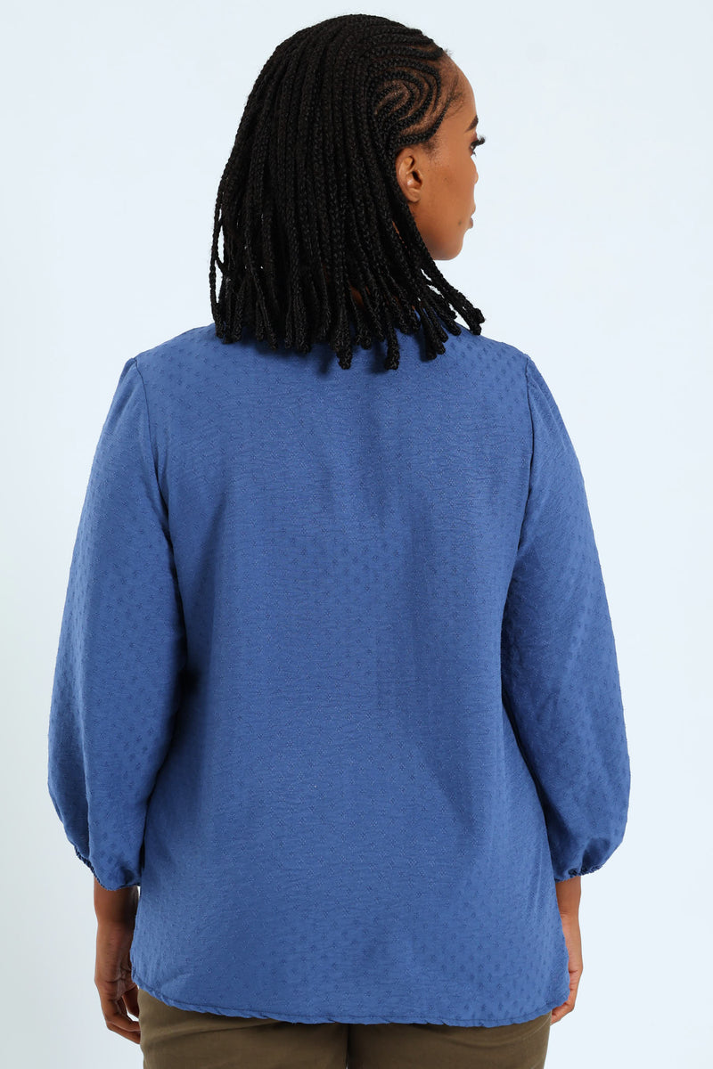 3/4 Embroidered Jacquard Blouse - Mid Blue