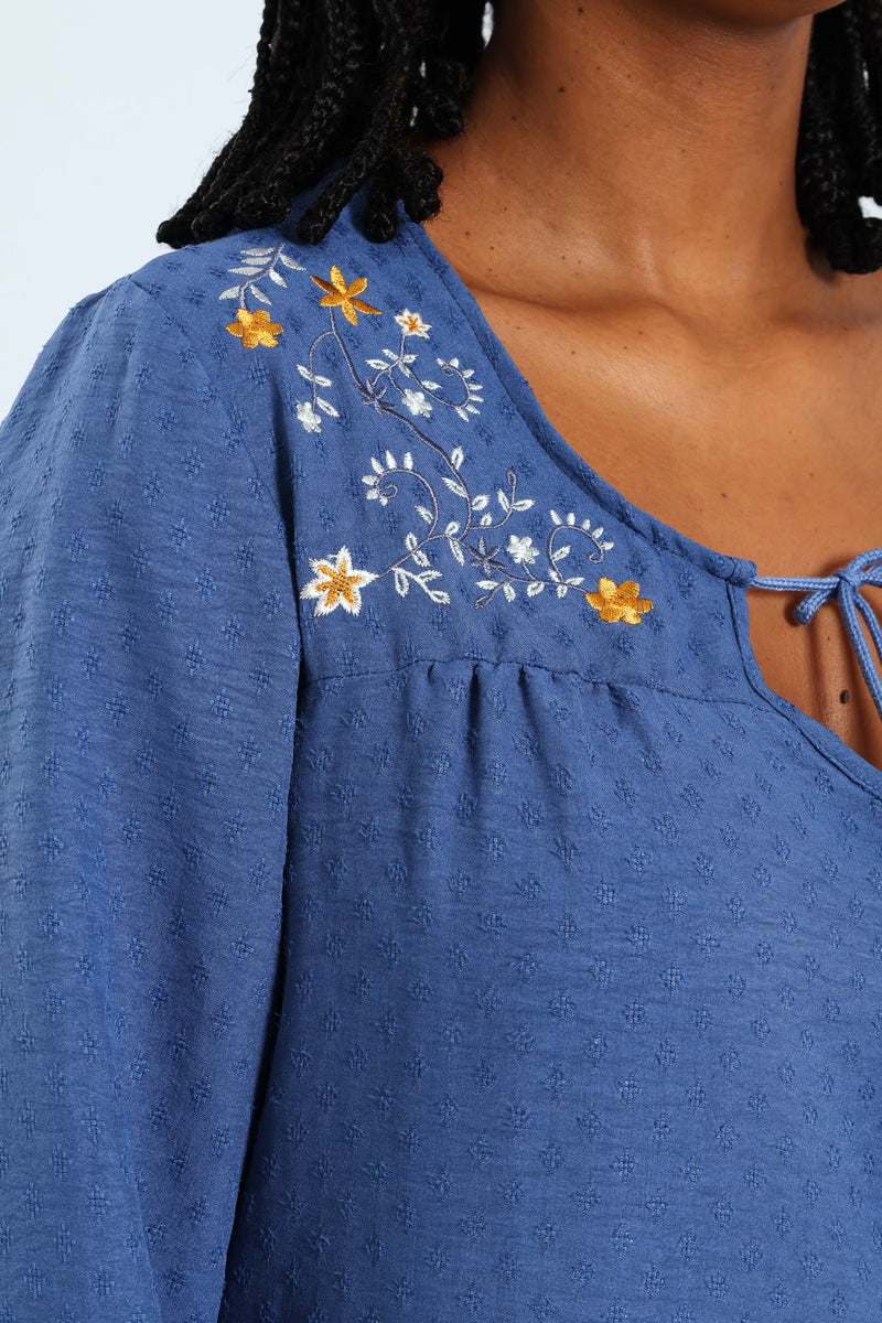 3/4 Embroidered Jacquard Blouse - Mid Blue