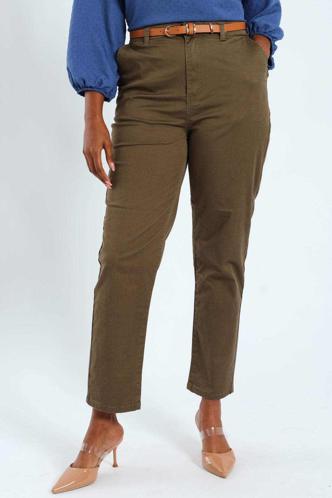 Sateen Belted Straight Chino Pants - Fatigue