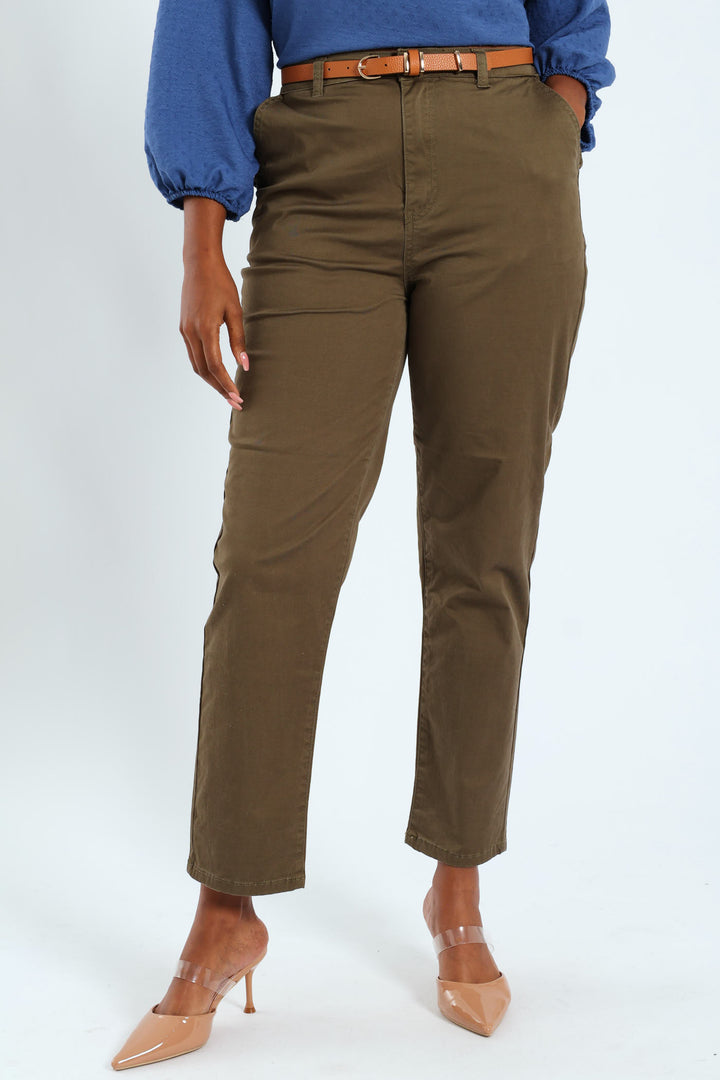Sateen Belted Straight Chino Pants - Fatigue