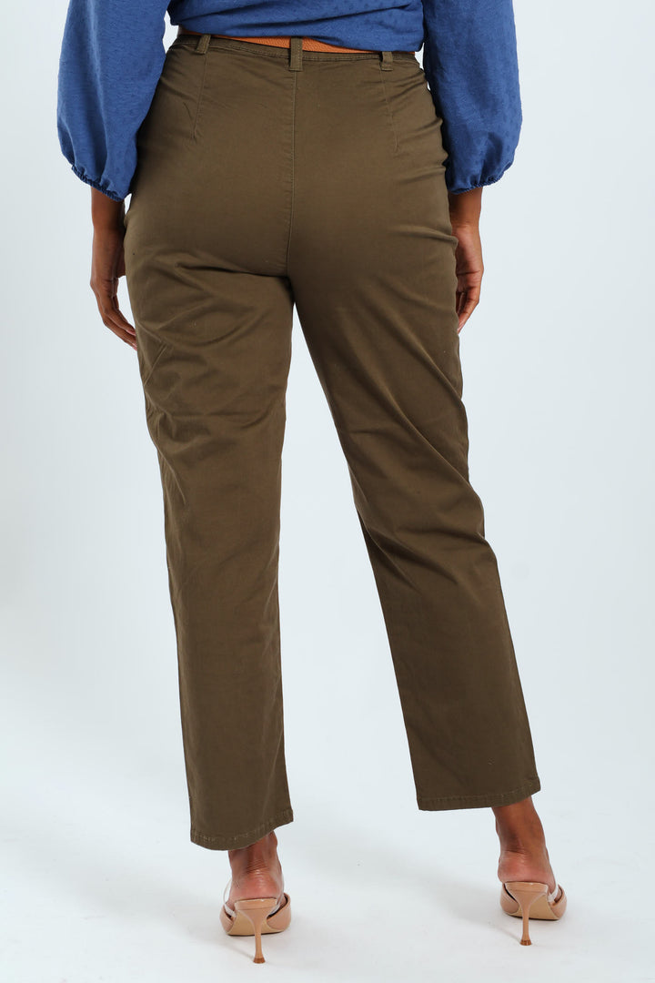 Sateen Belted Straight Chino Pants - Fatigue