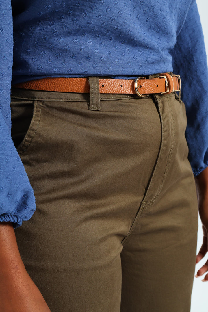 Sateen Belted Straight Chino Pants - Fatigue