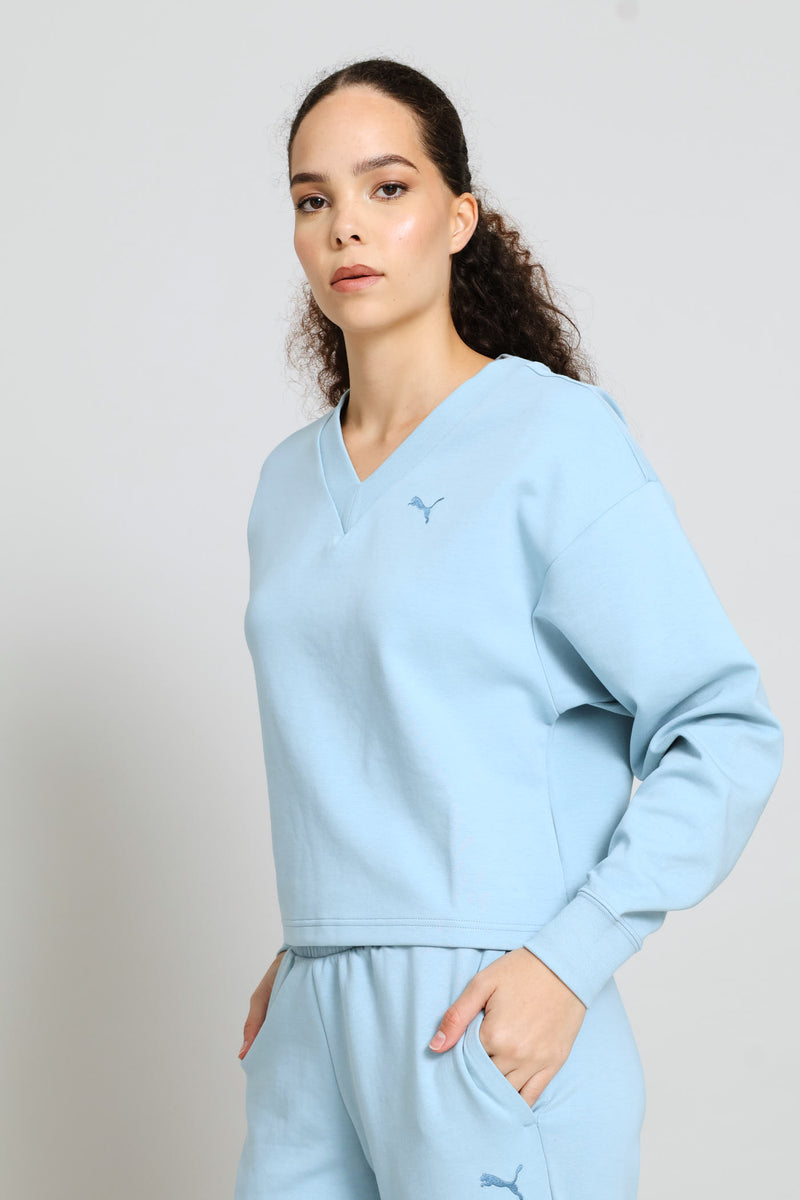 Elevated Comfort V-Neck Crew Top - Seafoam