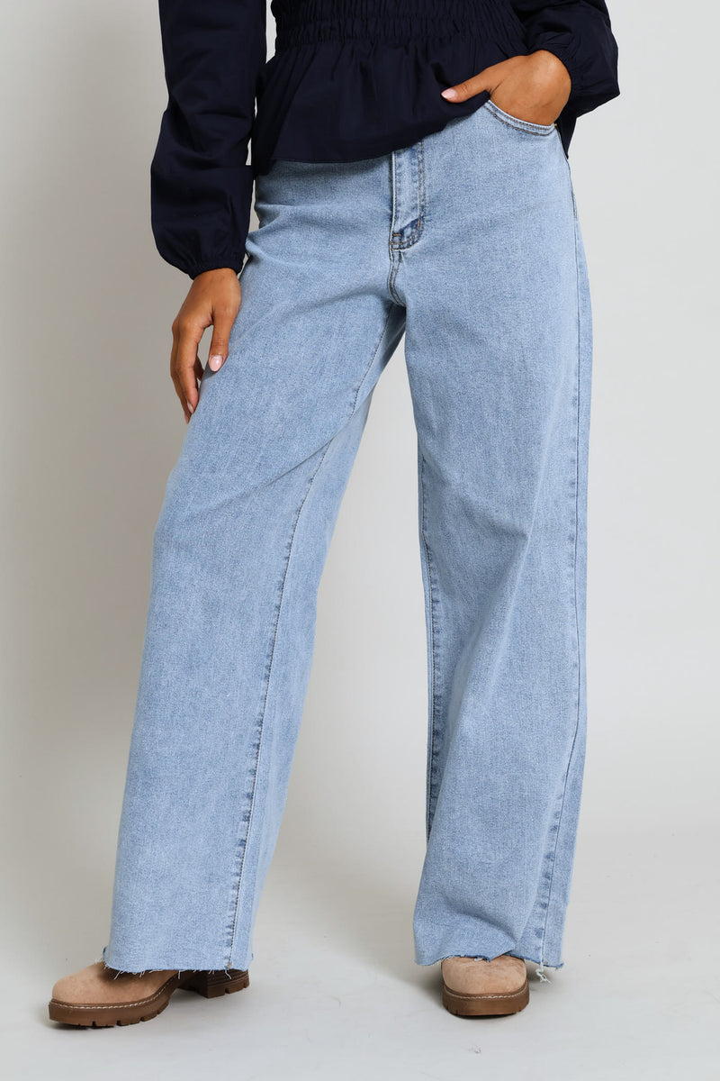 Raw Hem Eyelet Belted Wide Leg Ankle Grazer Denim - Light Wash