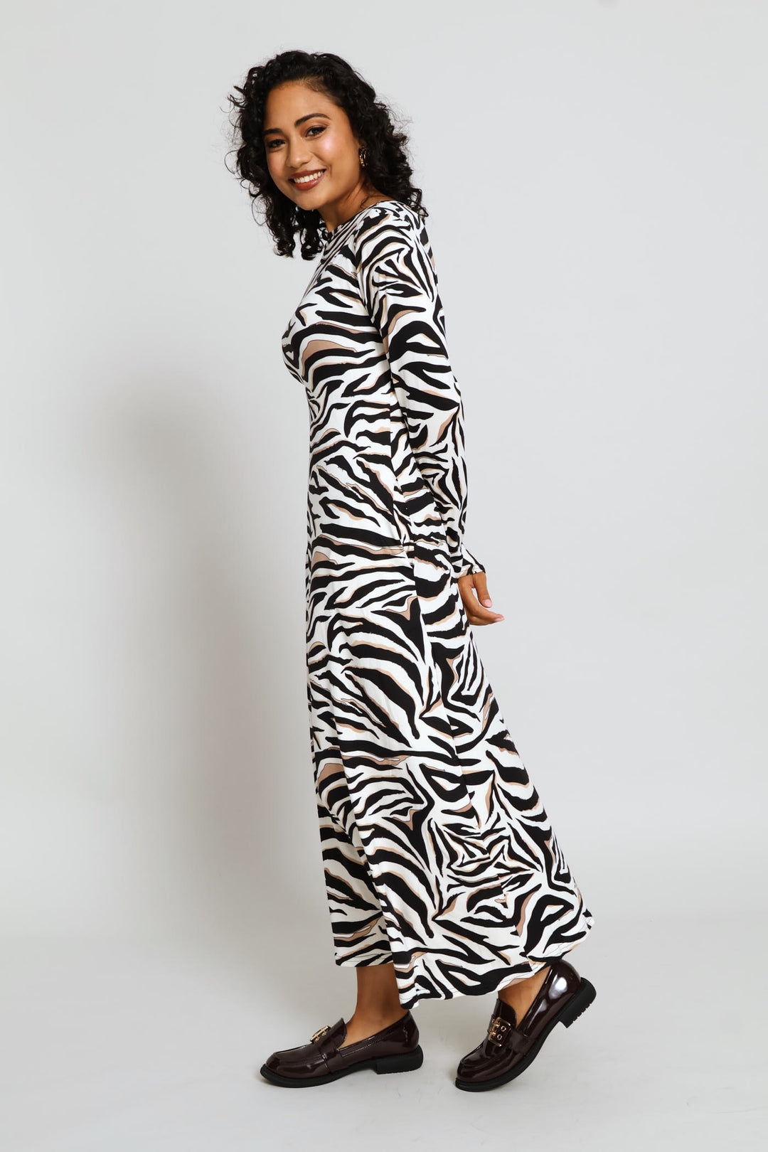 Boat Neck Printed A-Line Midaxi Dress - Stone