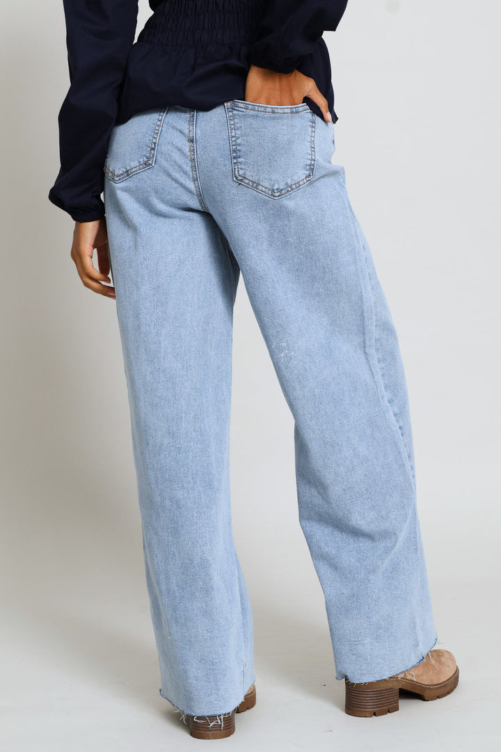 Raw Hem Eyelet Belted Wide Leg Ankle Grazer Denim - Light Wash