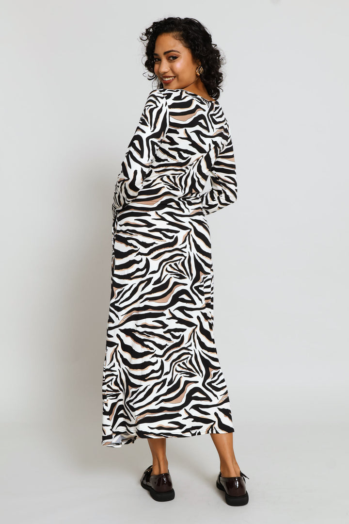 Boat Neck Printed A-Line Midaxi Dress - Stone