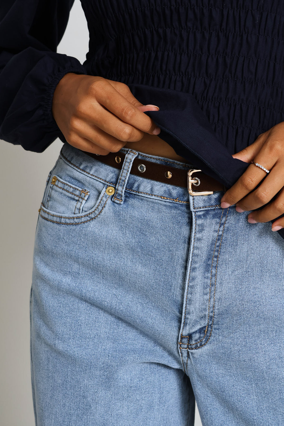 Raw Hem Eyelet Belted Wide Leg Ankle Grazer Denim - Light Wash