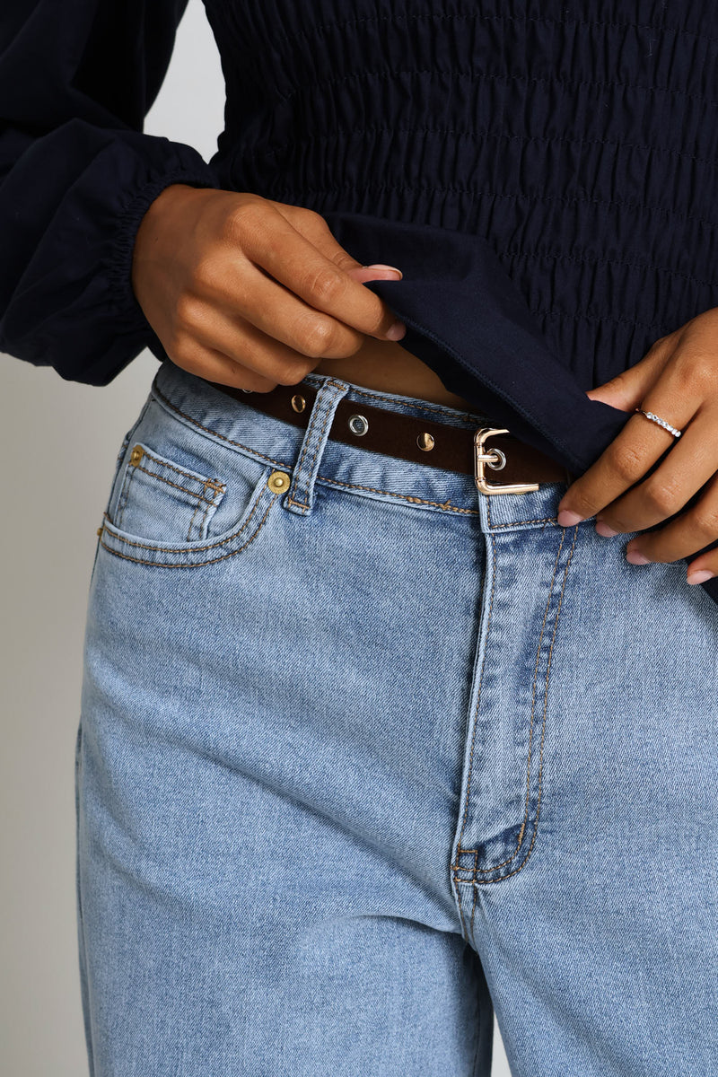 Raw Hem Eyelet Belted Wide Leg Ankle Grazer Denim - Light Wash