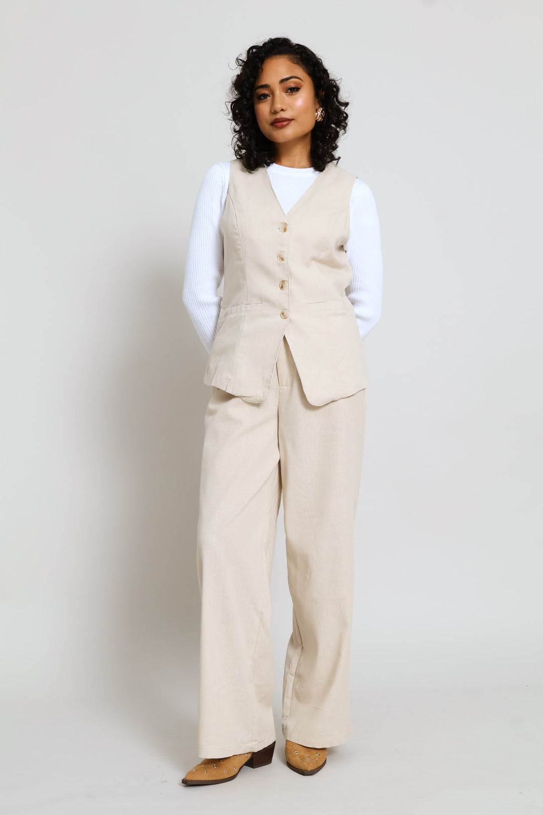 V-Neck Long Length Waistcoat - Light Stone