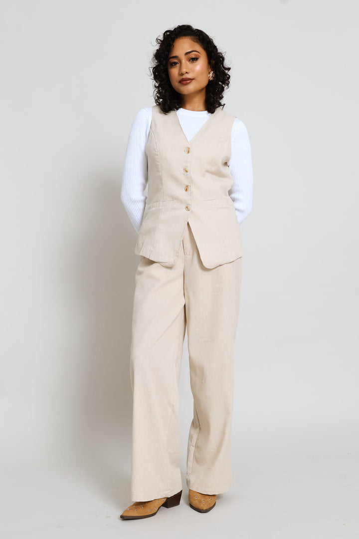 V-Neck Long Length Waistcoat - Light Stone