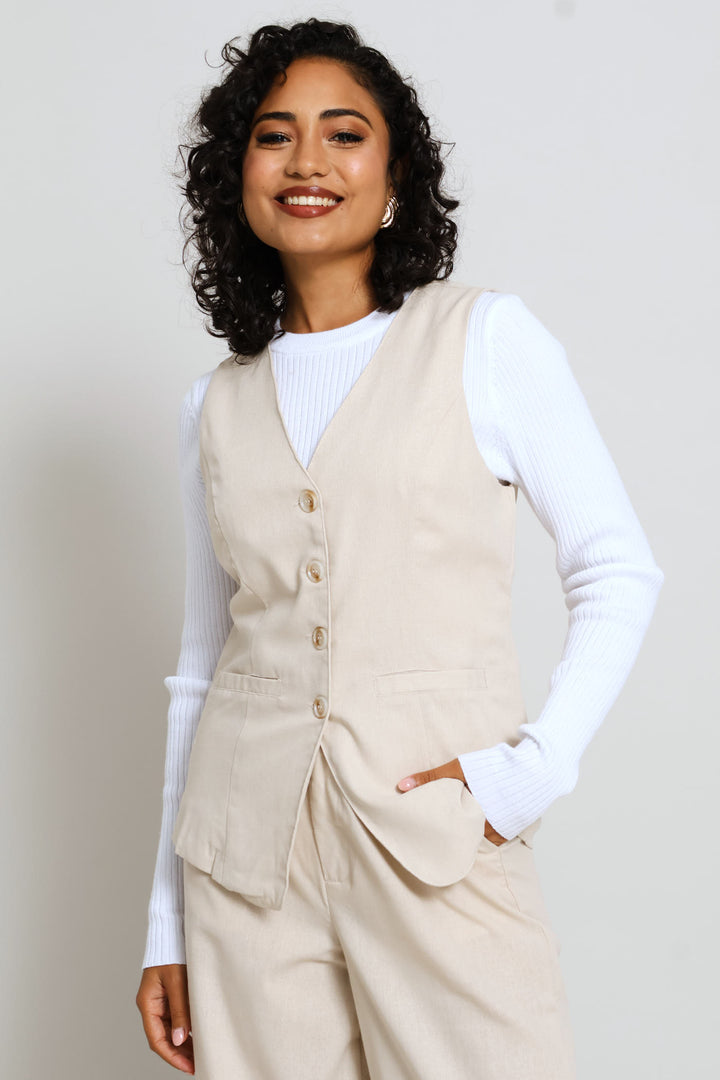 V-Neck Long Length Waistcoat - Light Stone