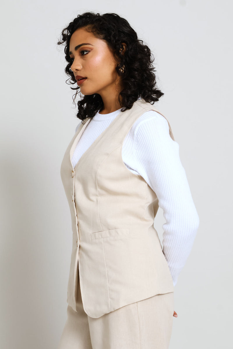 V-Neck Long Length Waistcoat - Light Stone