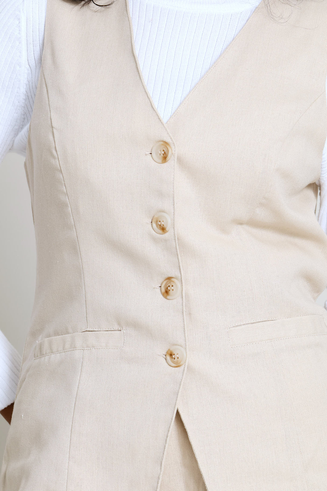 V-Neck Long Length Waistcoat - Light Stone