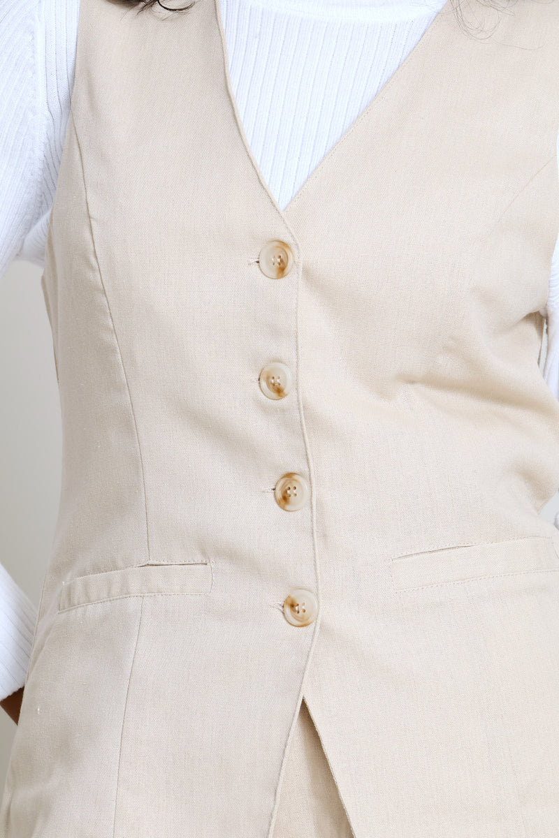 V-Neck Long Length Waistcoat - Light Stone