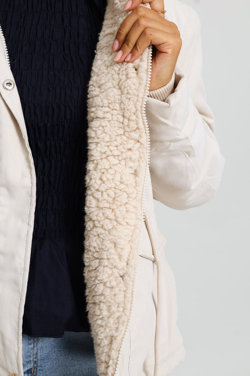 Sherpa Lined Parka Jacket - Light Stone