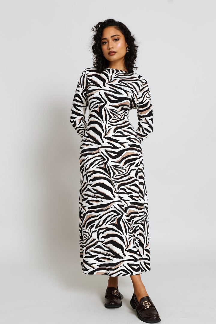 Boat Neck Printed A-Line Midaxi Dress - Stone