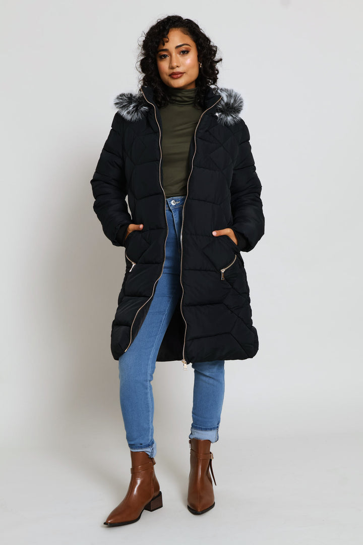 Chevron Quilted Puffer Jacket - Black