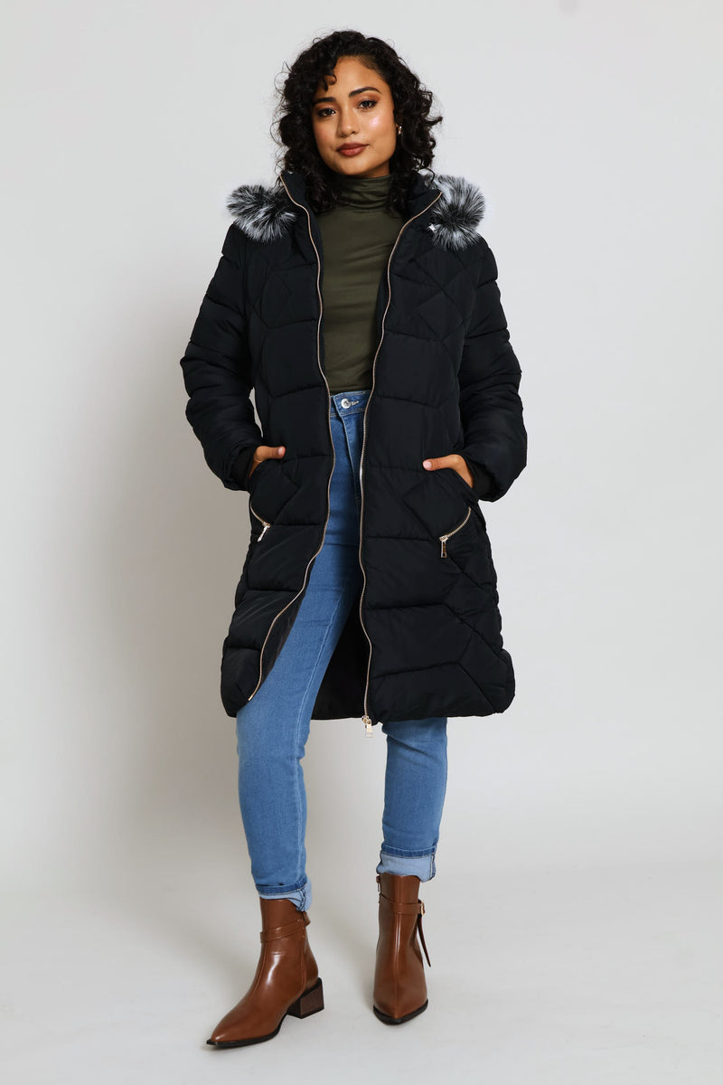 Chevron Quilted Puffer Jacket - Black
