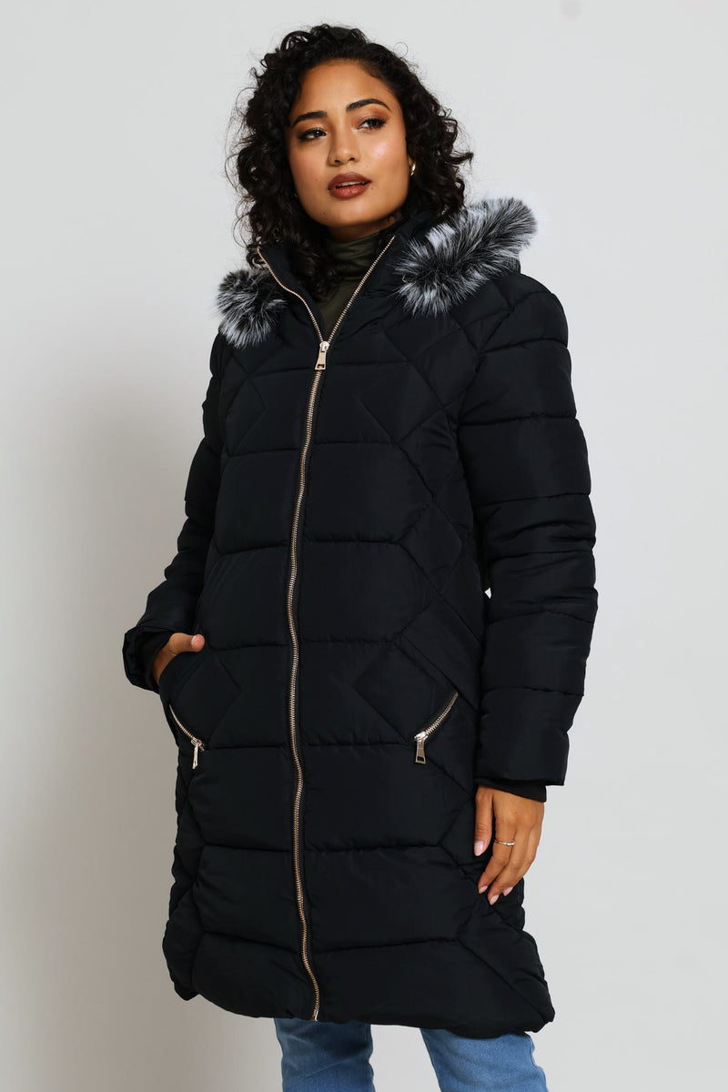 Chevron Quilted Puffer Jacket - Black