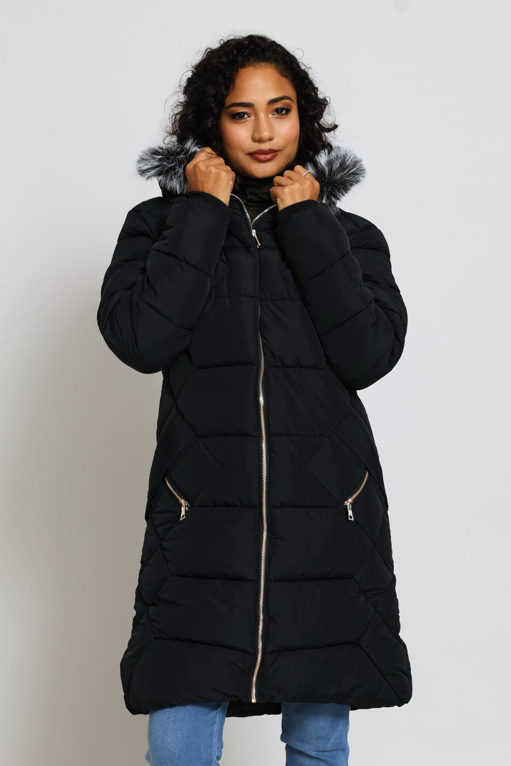 Chevron Quilted Puffer Jacket - Black