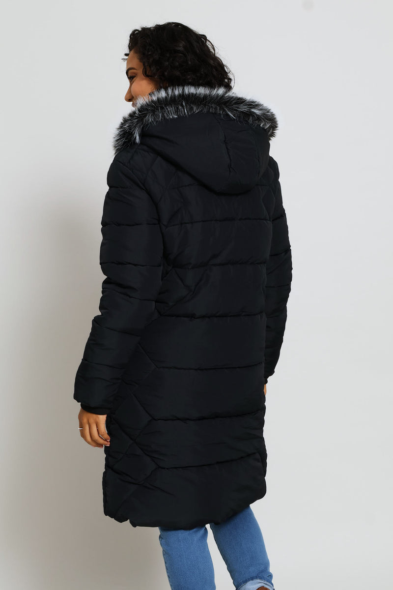 Chevron Quilted Puffer Jacket - Black