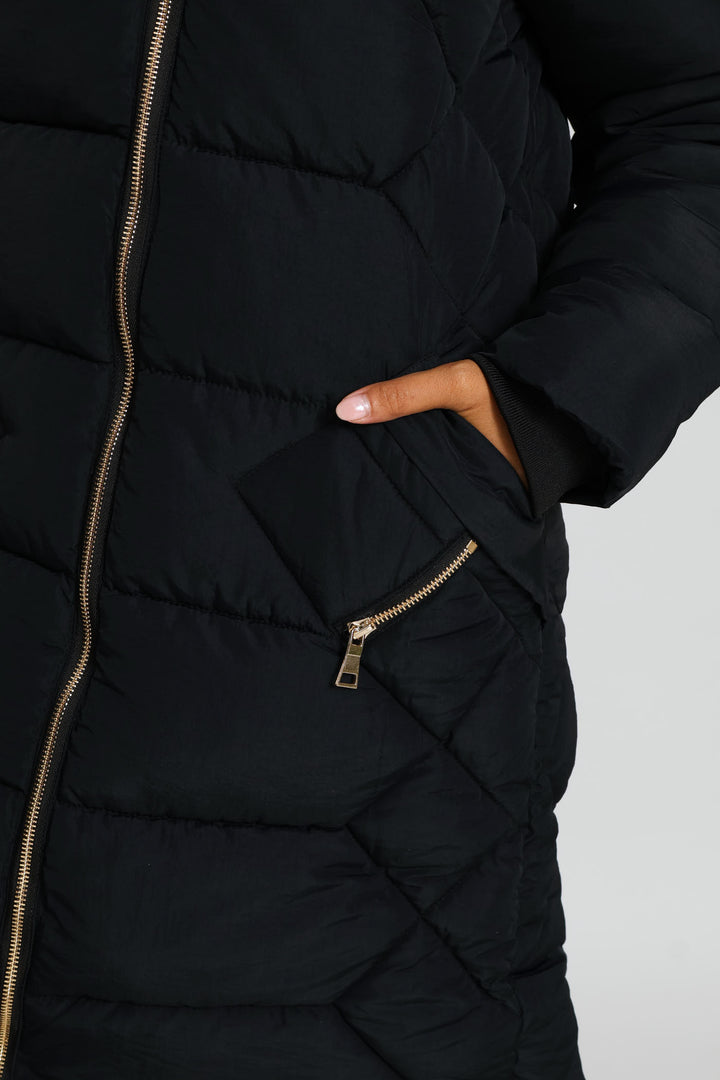 Chevron Quilted Puffer Jacket - Black