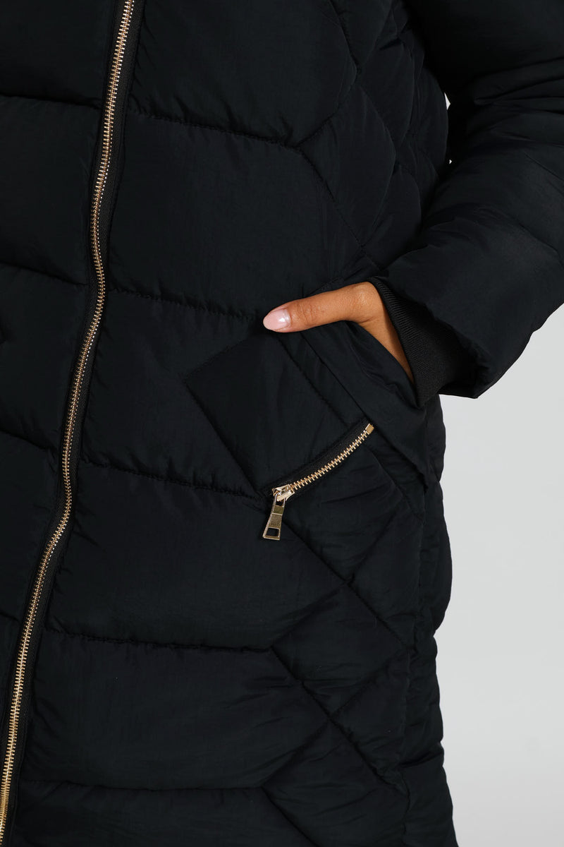 Chevron Quilted Puffer Jacket - Black