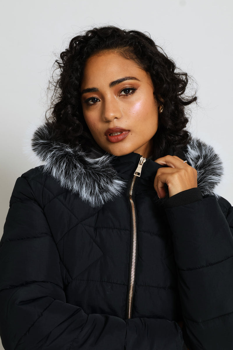 Chevron Quilted Puffer Jacket - Black