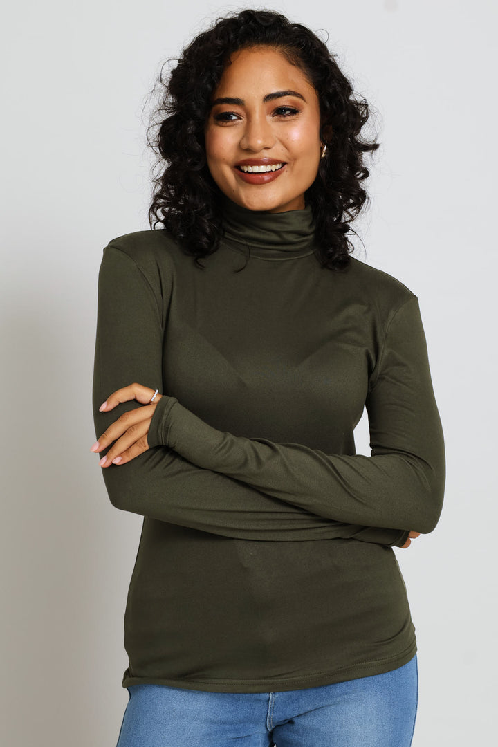Long Sleeve Basic Poloneck Top - Dark Fatigue