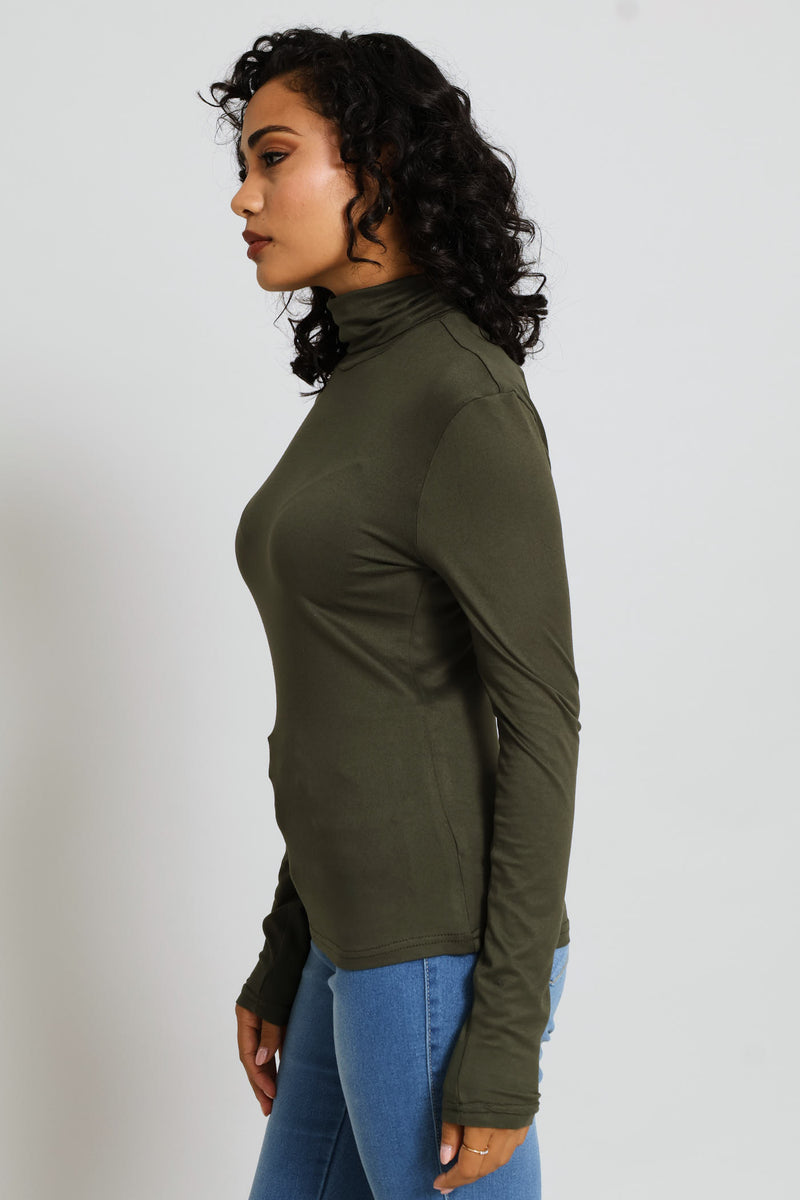 Long Sleeve Basic Poloneck Top - Dark Fatigue
