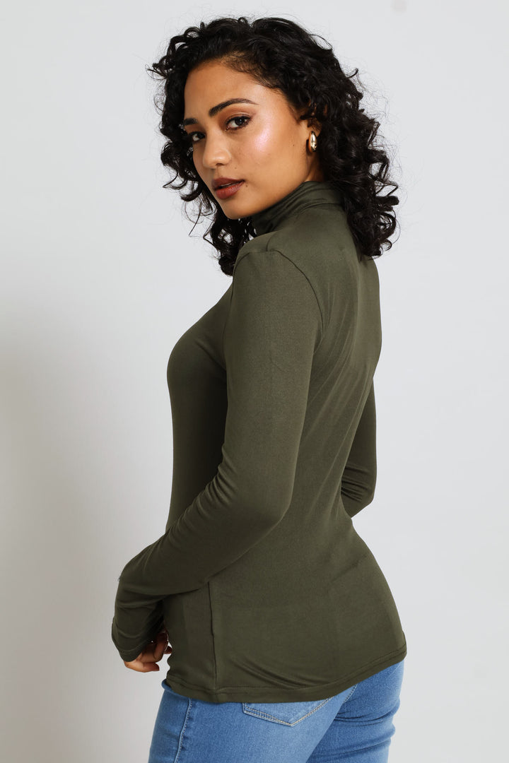 Long Sleeve Basic Poloneck Top - Dark Fatigue