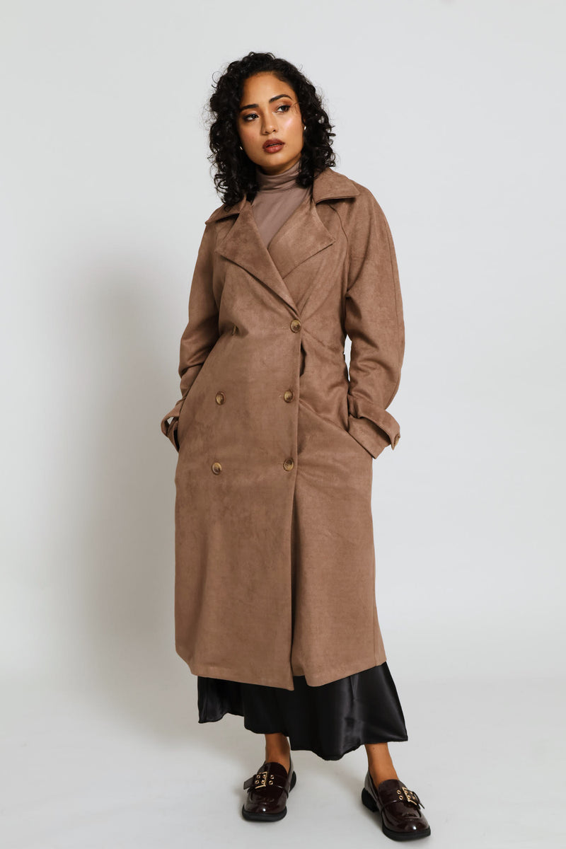 ジャケット・アウター EDWARDS Wool Trench Coat Taupe Ladies Long Length Double Breasted Suede Trench Coat - Taupe – Edgars