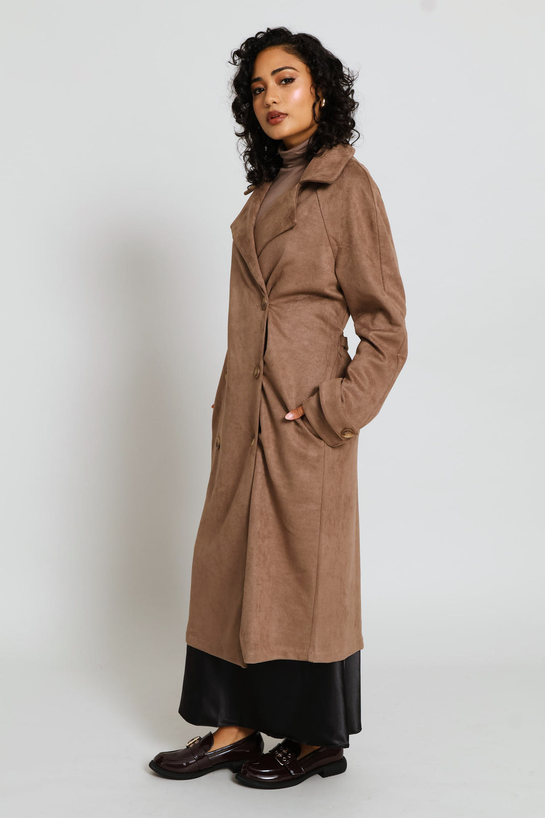 Long Length Double Breasted Suede Trench Coat - Taupe