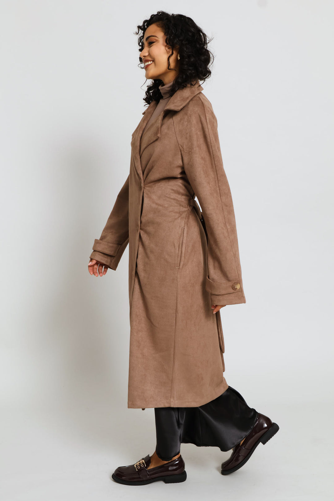 Long Length Double Breasted Suede Trench Coat - Taupe